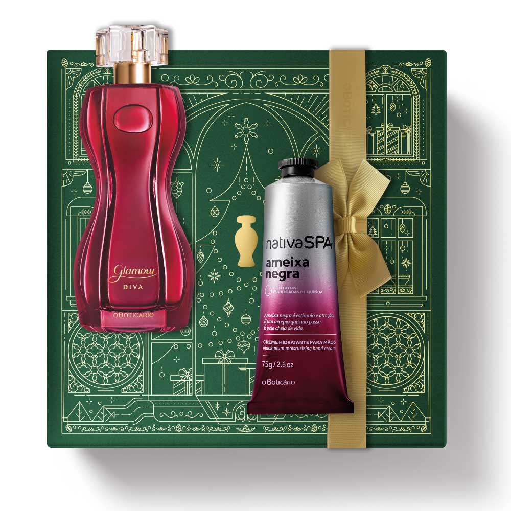 Kit de Natal Perfume Glamour Diva Eau de Toilette, 75ml + Creme de Mãos Nativa Spa Ameixa Negra, 75g