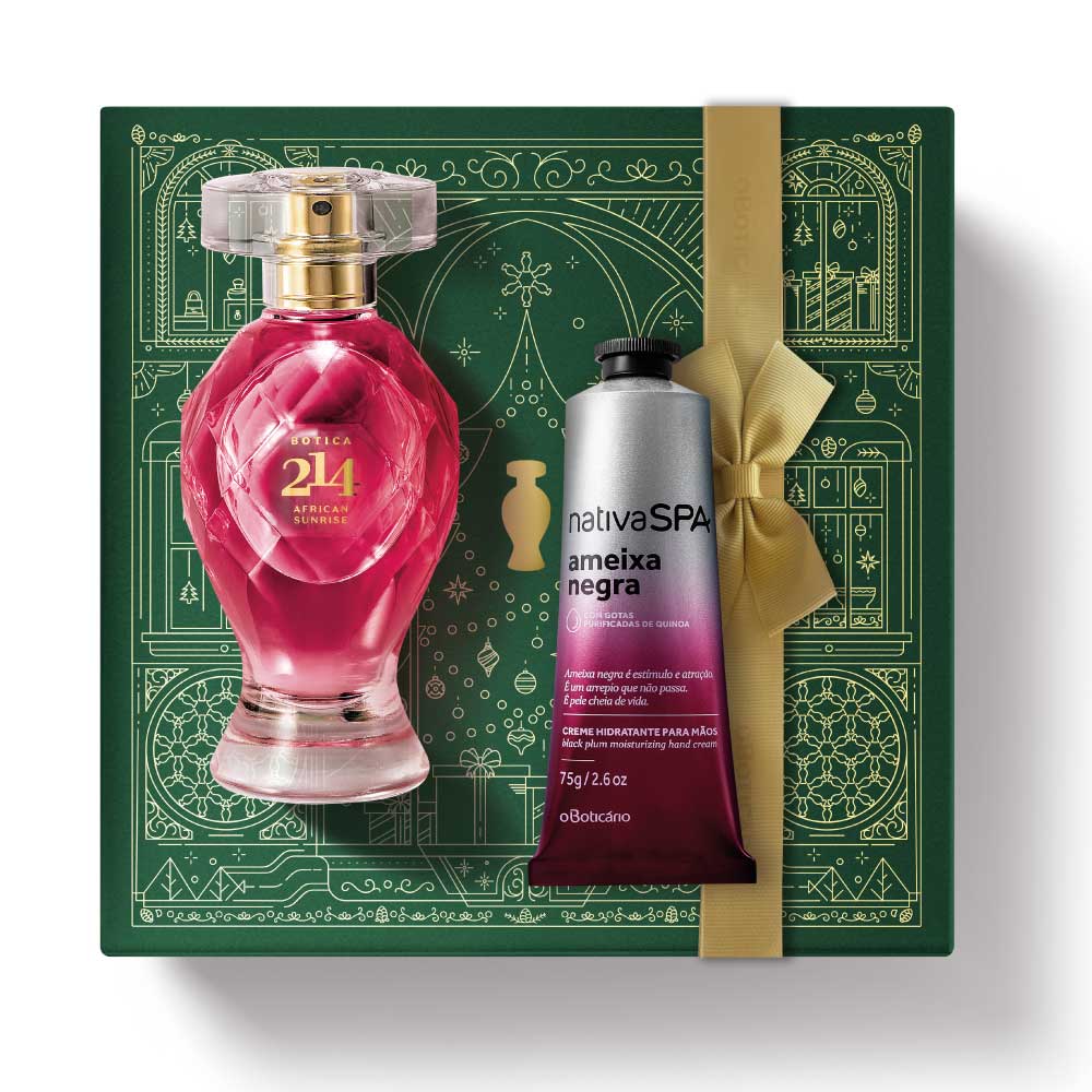 Kit de Natal Perfume Botica 214 African Sunrise Floral Frutal Eau De Parfum, 75ml+ Creme de Mãos Nativa Spa Ameixa Negra, 75g