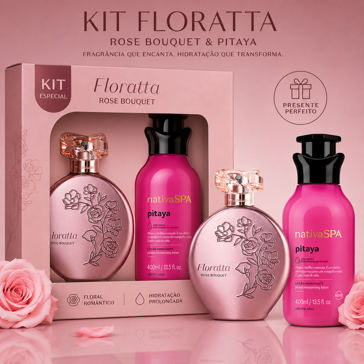 KIT Rose, Floratta Rose Bouquet 75ml + Loção Nativa Spa Pitaya 400ml