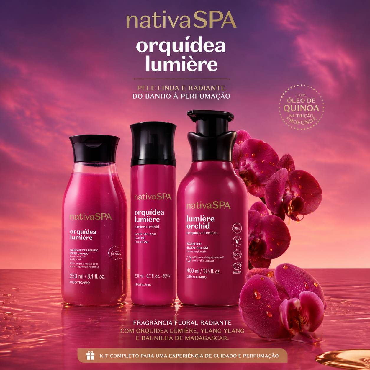 Kit Nativa SPA Orquídea Lumière, loção corporal 490ml + body splash 200ml + sabonete liquido 250ml