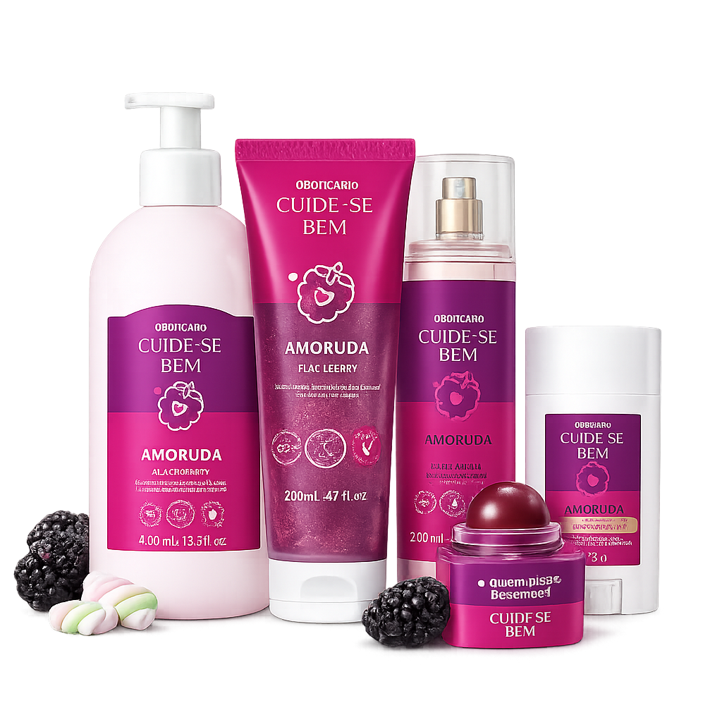 Combo O Boticário Cuide-se Bem Amoruda | Loção Hidratante 400ml + Body Splash 200ml + Sabonete Esfoliante Corporal 200ml + Bastão Antiatrito 35g + Hidratante Labial