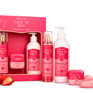 Kit Presente O Boticário Cuide-se Bem Morango & Leite – Body Splash 200 ml + Loção Hidratante 400 ml + Bálsamo Labial 10 g