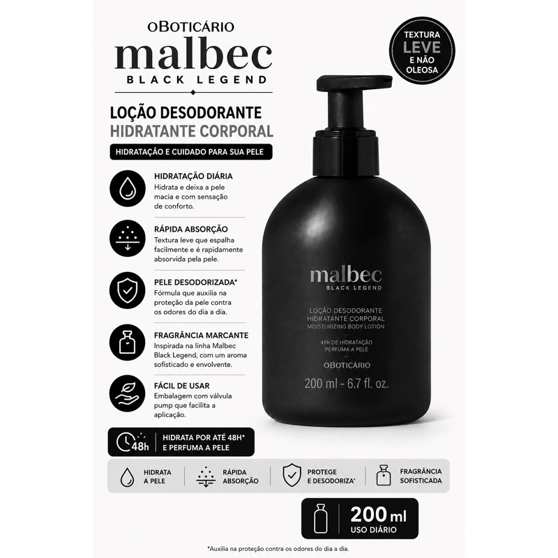 Malbec Black Legend, Loção Hidratante, 200 ml